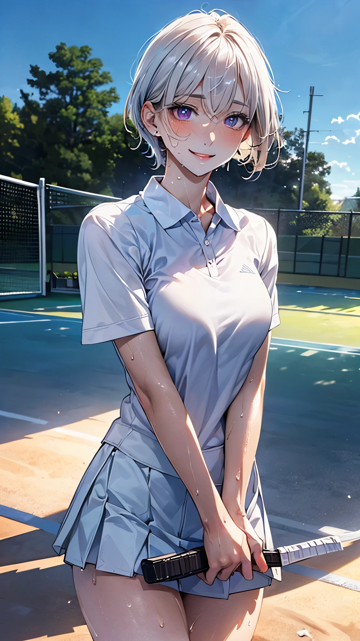 (masterpiece:1.2, top-quality), (realistic, photorealistic:1.4), beautiful illustration, (natural side lighting, movie lighting),
looking at viewer, cowboy shot, front view, 1 girl, japanese, high school girl, perfect face, cute and symmetrical face, (shiny skin, sweaty:1.4), face,
(short hair, white hair), hair between eyes, purple eyes, (middle breasts, seductive thighs, big ass),
beautiful hair, beautiful face, beautiful detailed eyes, beautiful clavicle, beautiful body, beautiful chest, beautiful thigh, beautiful legs, beautiful fingers,
((white polo shirt, white sneakers, tennis wear, white miniskirt),
(beautiful scenery), evening, outdoor, sky, realistic pupils, (lovely smile, upper eyes),