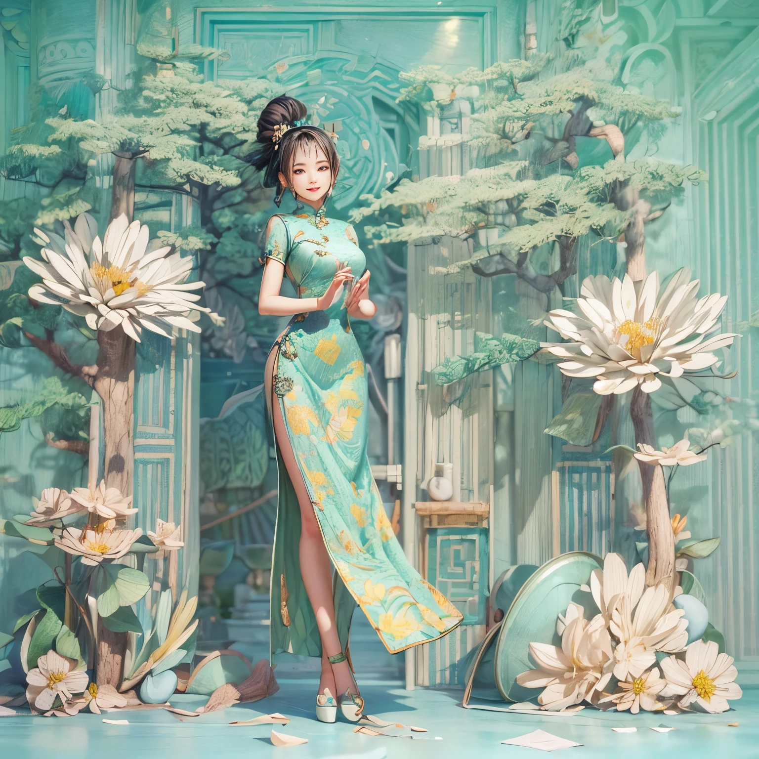 (paper art, Quilted paper art, 3D), (full body:1.5),1 Cheongsam woman,Slender figure,perfectly proportions,Delicate hair accessories, smile,Oriental elements,simple background, mint green, (Soft Lighting, Bokeh),high quality,4K