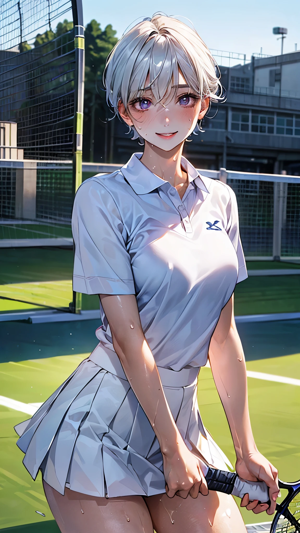 (masterpiece:1.2, top-quality), (realistic, photorealistic:1.4), beautiful illustration, (natural side lighting, movie lighting),
looking at viewer, cowboy shot, front view, 1 girl, japanese, high school girl, perfect face, cute and symmetrical face, (shiny skin, sweaty:1.4), babyface,
(short hair, white hair), hair between eyes, purple eyes, (middle breasts, seductive thighs, big ass),
beautiful hair, beautiful face, beautiful detailed eyes, beautiful clavicle, beautiful body, beautiful chest, beautiful thigh, beautiful legs, beautiful fingers,
((white polo shirt, white sneakers, tennis wear, white miniskirt),
(beautiful scenery), evening, outdoor, sky, realistic pupils, (lovely smile, upper eyes),
