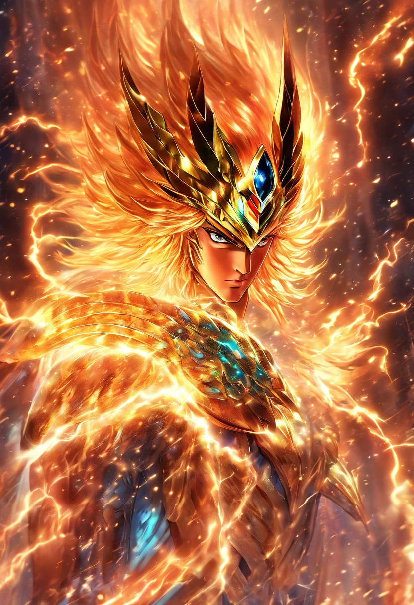 Saint Seiya, chevalier Phoenix, Ikki, Centrage parfait, Porter armure du Phœnix, chaud, feu, flamme, vent, volcan, La position debout, Beauté abstraite, centré, En regardant la caméra, Face à la caméra, proche de la perfection, dynamique, très détaillé, lisse, Netteté, 8K, résolution haute définition, illustration, illustrations de Carne Griffiths et Wadim Kashin, fond blanc