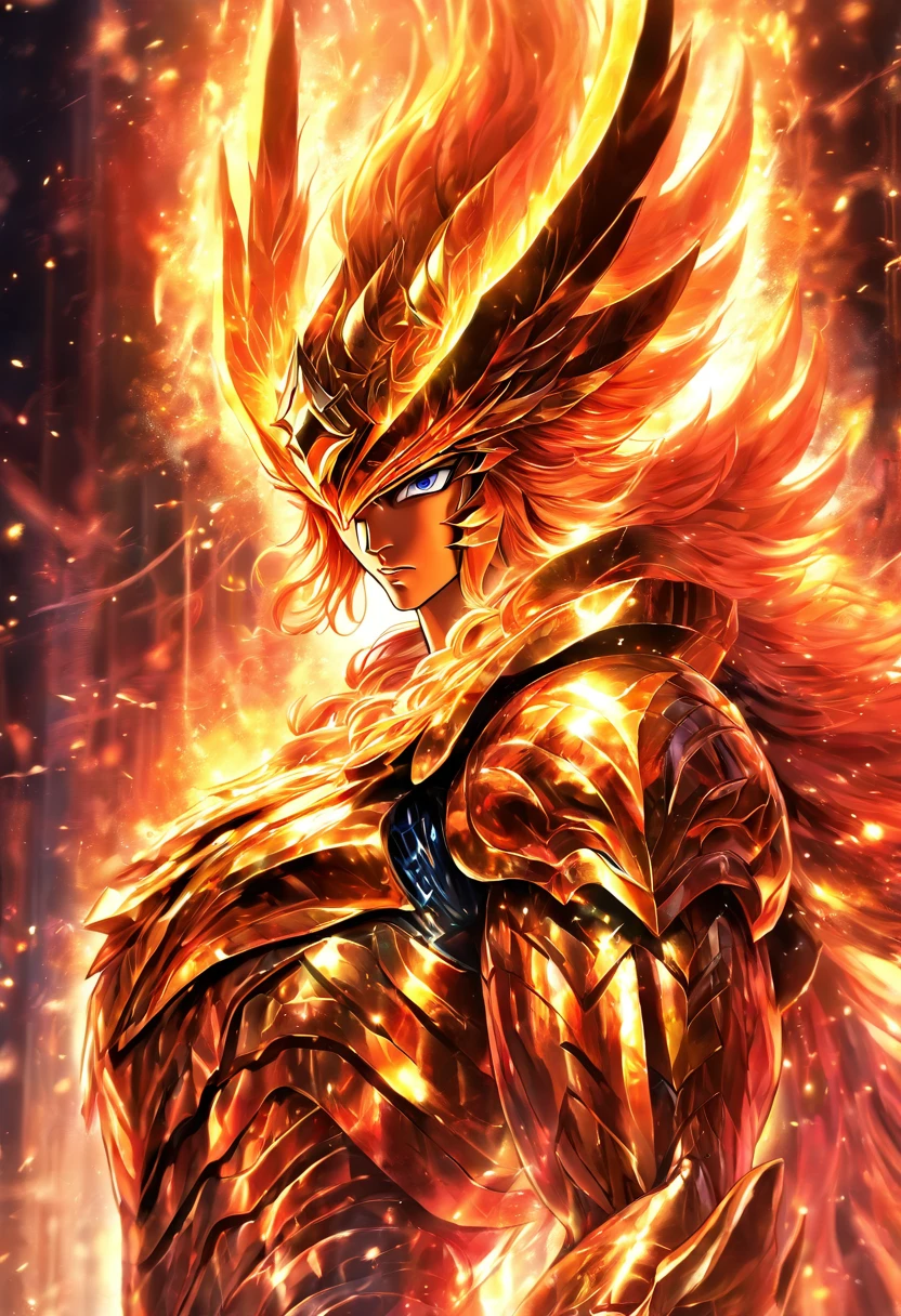 Saint Seiya, chevalier Phoenix, Ikki, Centrage parfait, Porter armure du Phœnix, chaud, feu, flamme, vent, volcan, La position debout, Beauté abstraite, centré, En regardant la caméra, Face à la caméra, proche de la perfection, dynamique, très détaillé, lisse, Netteté, 8K, résolution haute définition, illustration, illustrations de Carne Griffiths et Wadim Kashin, fond blanc