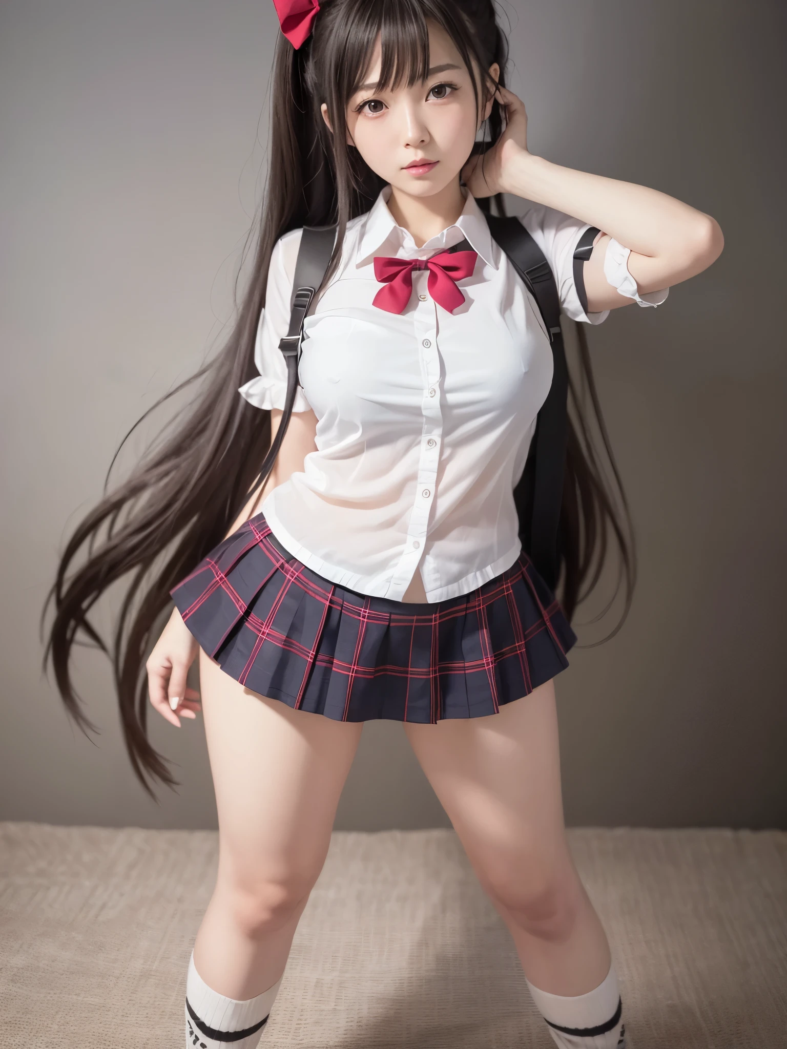 sexy pose there is a woman in a short skirt and a shirt posing, high socks, a surreal , surreal , real high school girl, Photorealistic anime girl rendering, realistic whole body, sakimichan hdri, surreal full figure, photorealistic perfect body, casual pose, seductive anime girl, Smooth anime CG art, from girls frontline anime girl perfect body in a very short skirt and a bow tie posing, a surreal , real high school girl, surreal , short full body portrait!, anime Full body illustration, April rendering, The tenacity of blue reflection, wearing a skirt, wearing a skirt, Cute 3d anime girl rendering, Full body illustration, hugeなchest, super short skirt, A shy girl, wearing glasses, Ponytail Long Hair, black hair, panties, mini skirt, short skirt, very short skirt, split button, thick, Masterpiece of sexy pose,highest quality,best illustrations,very detailed,1 girl,alone,,glamorous,blush, huge chest,big,((huge_chest)))