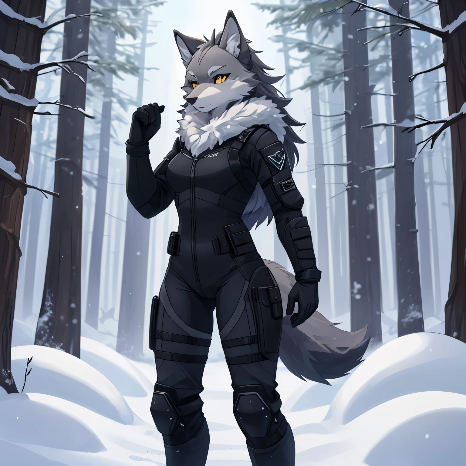 Шедевр, лучшее качество, one female furry wolf, (grey fur 1), medium hair, in tight black tactical suit, In thigh-high boots, in long gloves, calmly stand in snow forest, 