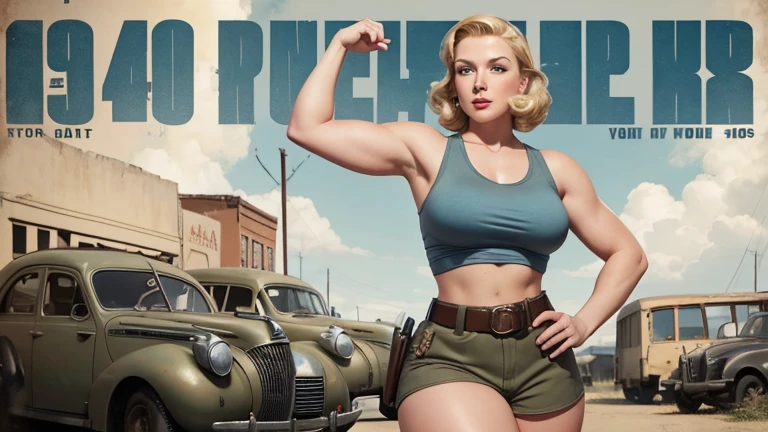 1940s art poster, only 1 woman in photo, pinup, thicc, short dirty blonde hair, 21 year old woman, semi athletic body, 5 foot height, light blue eyes, gray sleeveless tight shirt, khaki tight shorts, tactical belt, background is a ruined small town