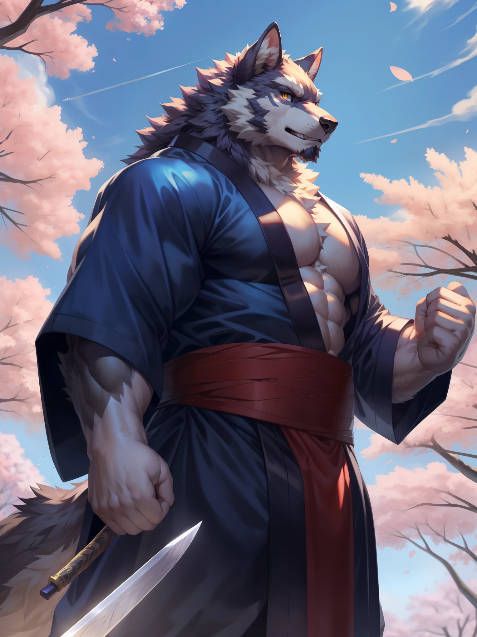 Handsome furry werewolf，Strong muscles，Ancient style dress，snowy alley