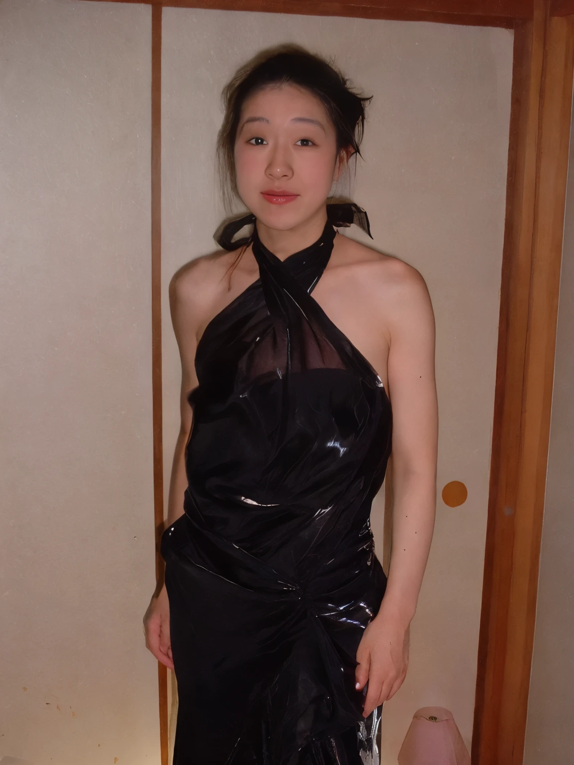 A  wearing a black dress standing in a room, wearing a plastic garbage bag, Attach a semi-transparent sheet, Atsuko Kudo wearing latex costume, open dress, covered with transparent cloth, wrapped in black, draped in transparent cloth, dressed in plastic bags, japanese woman, Garbage bags on the head, emaciated black evening dress