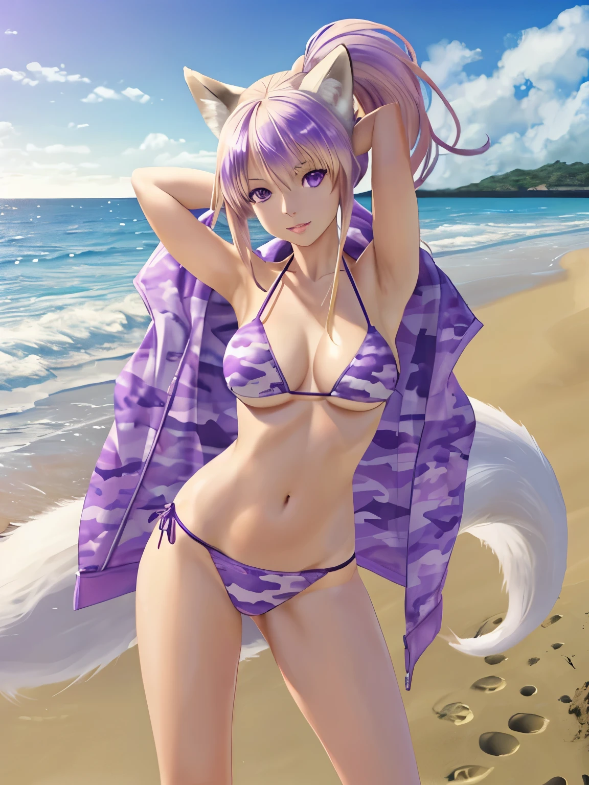 (hyperrealistic), a fox girl with a white fox tail, Sarah Fox, blonde with ponytail, detailed purple eyes, happy, hands behind head, purple camouflage bikini, trained body, medium breasts, standing at the beach