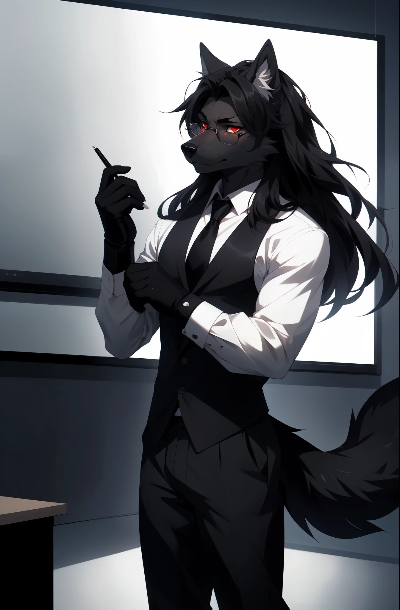 By fumiko, by hyattlen, by hioshiru, Natasha, dark grey wolf, male, tall and slender, red eyes, white sclera, long straightened black hair, long hair, black wolf tail, black wolf ears, white ear fluff, wearing elegant glasses, black suit, white button up shirt, red tie,black slacks, black gloves, black oxfords, standing in an elegant classroom, adjusting his glove, serious face, furrowed eyebrows