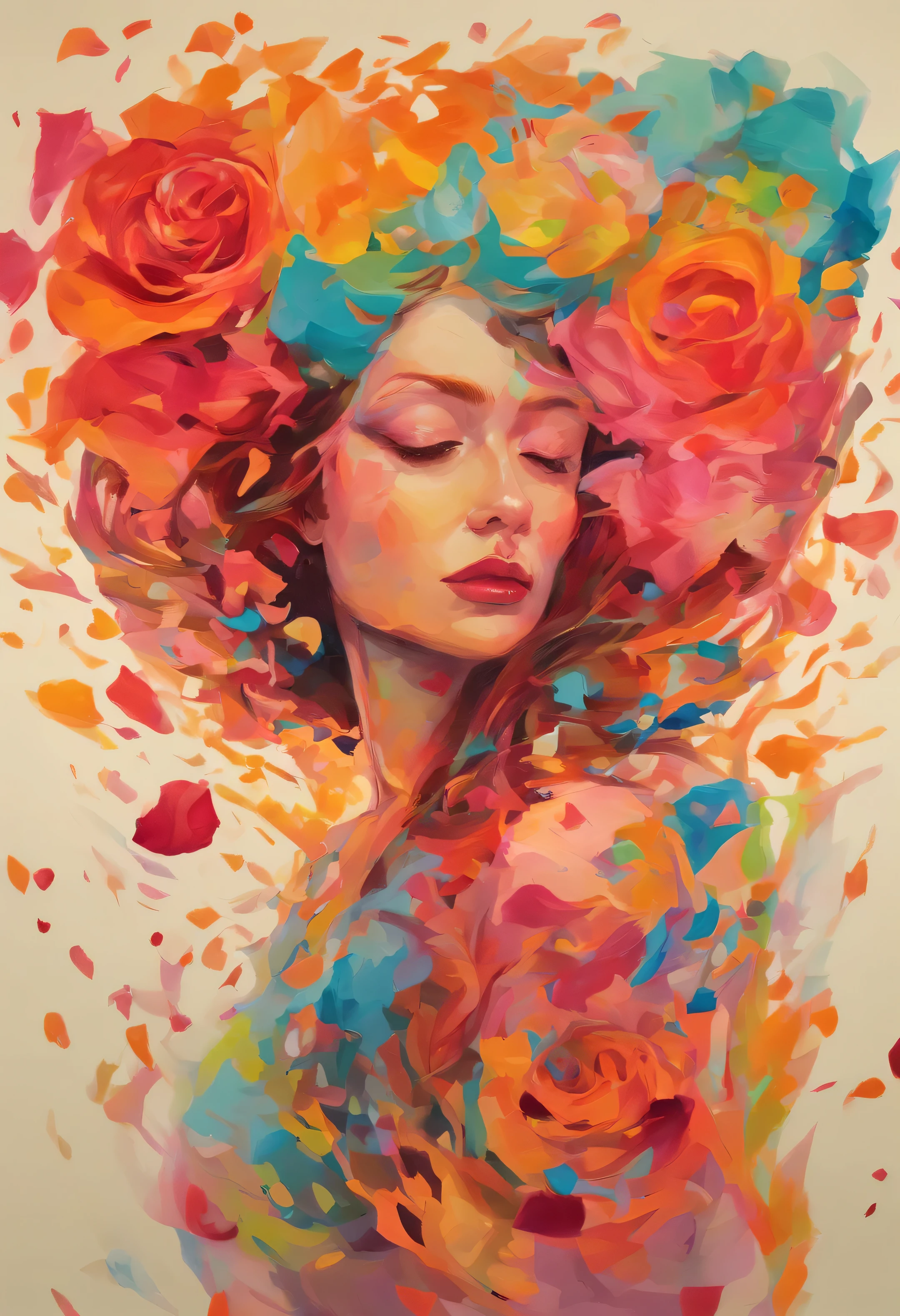 a painting of rose petals, arranged in a heart shape, Kunstwerk im Stil von Guweiz, helle psychedelische Farben, auf 9 9 Designs vorgestellt, Sie ist das Zentrum des Gartens, feminine facial features, Verbundenheit, detailliertes Kleid und Gesicht, inmitten der Natur