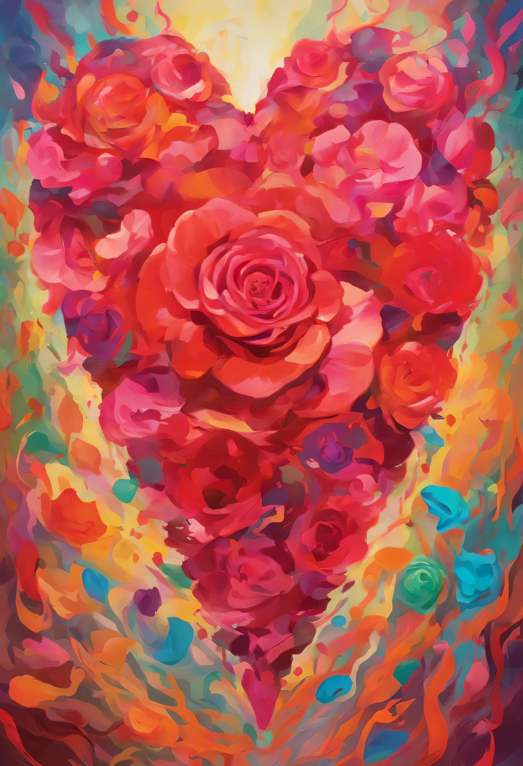 a painting of rose petals, arranged in a heart shape, Kunstwerk im Stil von Guweiz, helle psychedelische Farben, auf 9 9 Designs vorgestellt, Sie ist das Zentrum des Gartens, feminine facial features, Verbundenheit, detailliertes Kleid und Gesicht, inmitten der Natur