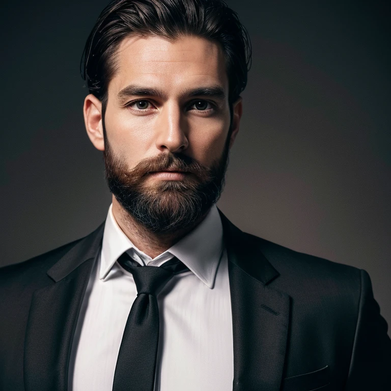 Making a handsome man in his 30s in a black suit and tie, chief executive officer(CEO), brown hair and beard, (Man in black suit and tie), ), (Using a beard,) Attractive and serious look, short black hair, Stylish and elegant, Suit-fitting shave and strong body, (High-quality, realistic images), Dark black and light on image background, Movie style, ((better quality, 8K, masterpiece), Super detailed photography, (detailed beautiful face, skin texture details, super detailed body:1.1)