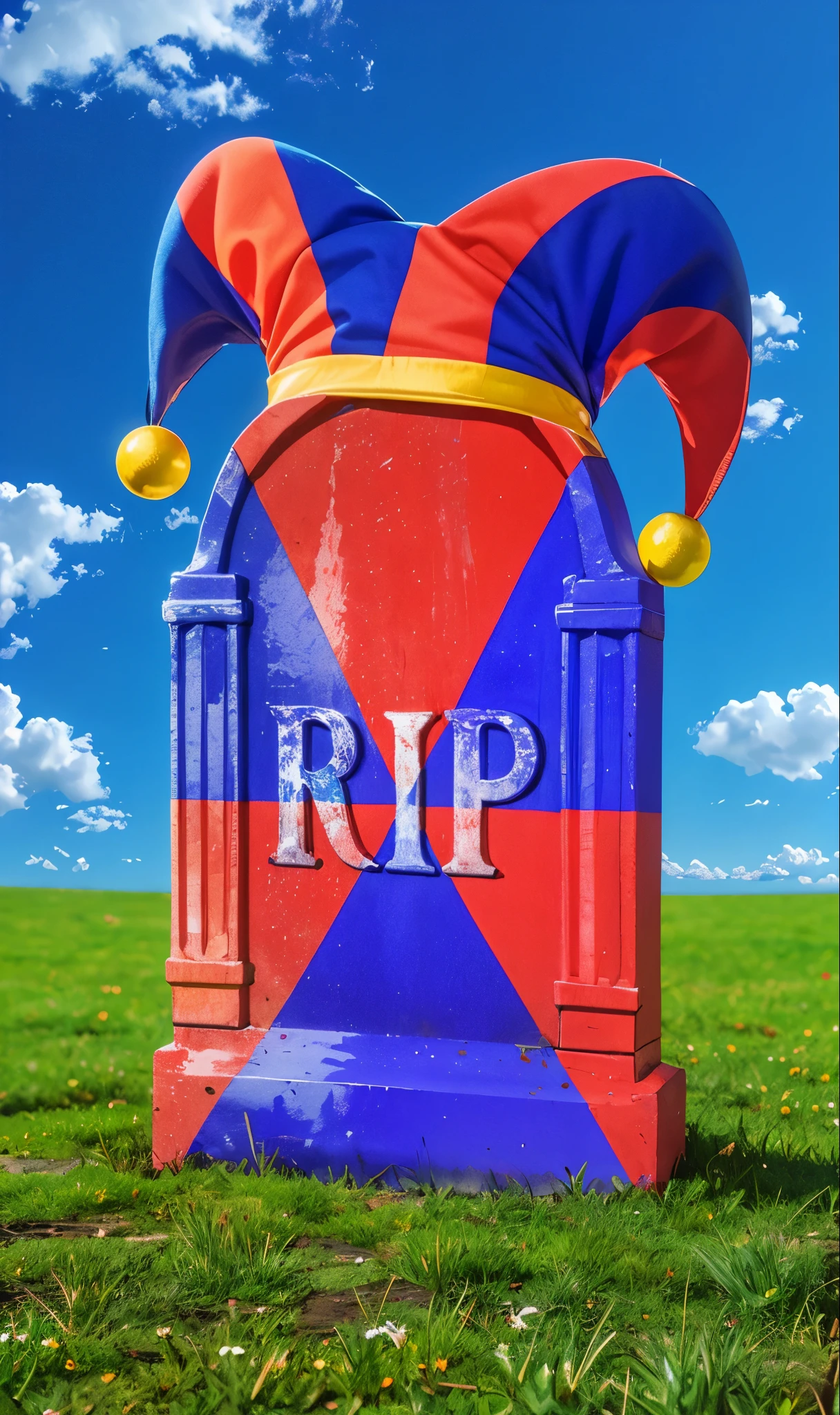 a close up of a jester hat on a tombstone in a field, rip, The image of the highest quality, ensuring every detail showcased perfectly. It in 4k resolution, allowing viewers to immerse themselves in the richness of the colors and intricate details. The realistic rendering. under the spotlight, reflecting, high-resolution image, realistic rendering, dark background, and rim light