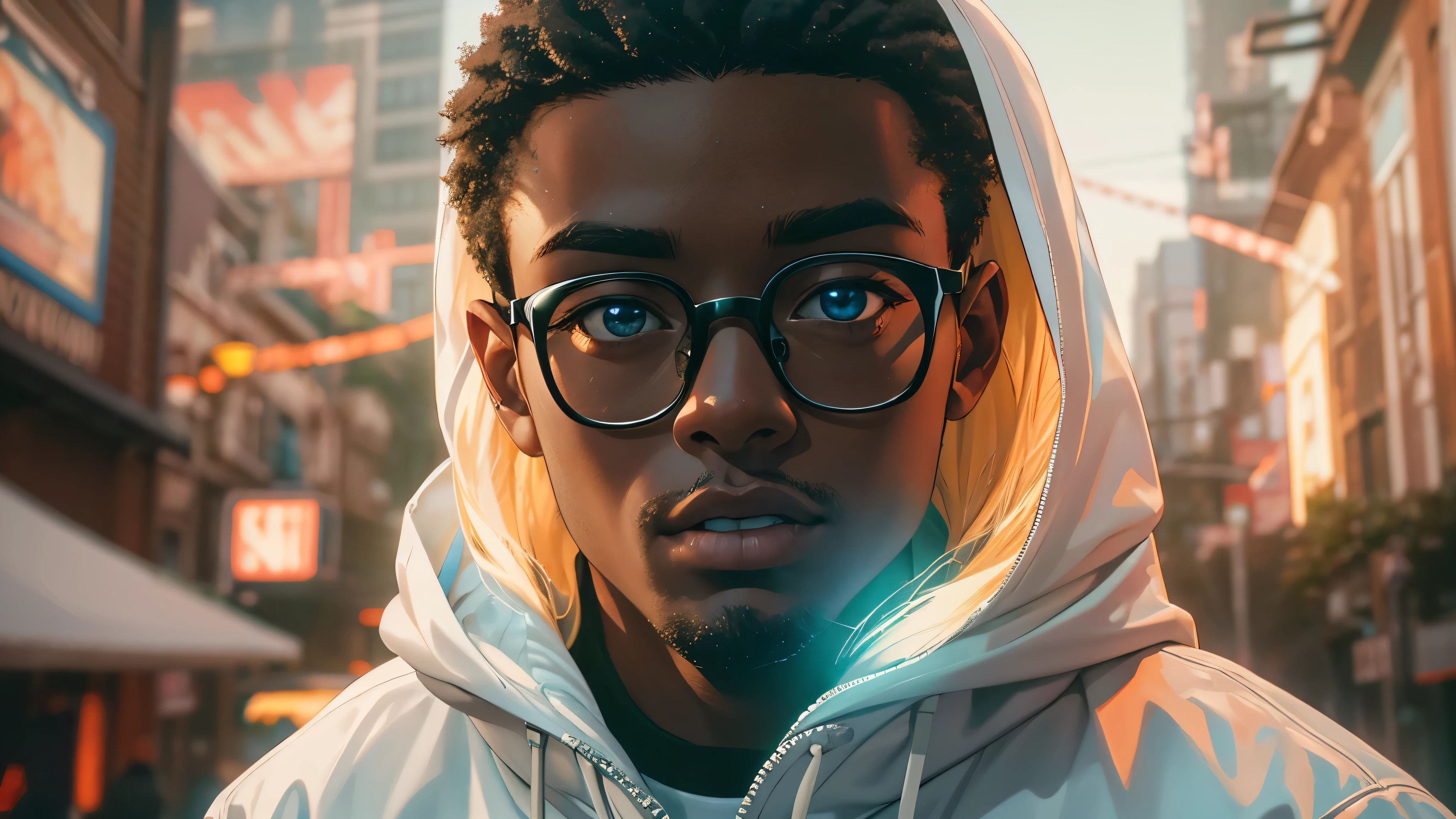 Capture the explosive moment as a young, dark-skinned man wearing glasses, dressed in a crisp white windbreaker hoodie, talks to the hologram of a blonde woman in cyberspace. This RAW masterpiece showcases an ultra-high resolution, photorealistic full-body portrait, illuminated by the warm glow of sunlight. The scene is rendered in the captivating style of mecha sci-fi anime, boasting an impressive 8K resolution for the best quality imagery. Crafted with Unreal Engine 1.4, this piece features ultra-realistic 64K CG, skin texture at 1.4, and volumetric fog to add depth and atmosphere. The details are further enhanced with 8K UHD, DSLR quality, film grain, and the artistic touch of lomography. The result is a stunning blend of high-quality visuals, translucent effects, and photorealism that truly captivates the viewer.
