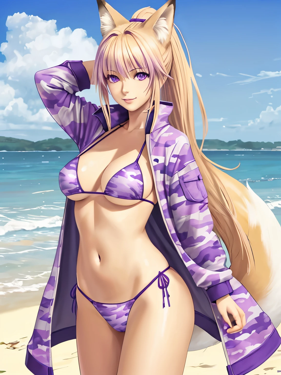 (hyperrealistic), a fox girl with a white fox tail, Sarah Fox, blonde with ponytail, detailed purple eyes, happy, hands behind head, purple camouflage bikini, trained body, medium breasts, standing at the beach