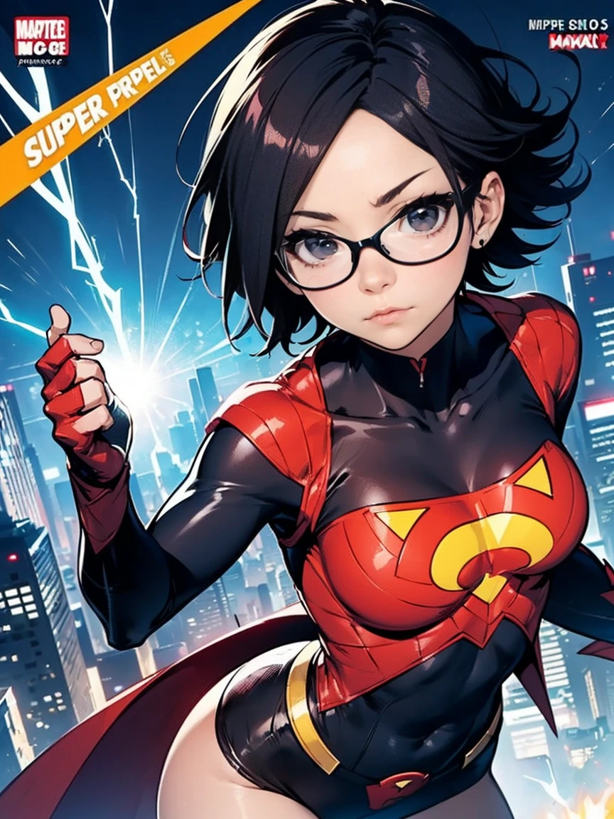 (Sarada Uchiha,bodysuit, Estilo de capa de quadrinhos)，Comic book cover title,super hero land,city, action,fight,(((Comic book cover style,Sarada Uchiha,short hair,black eyes))),explosions,purple,lightning,wearing prescription glasses,orange,red,pink,tactical clothing,small,((short hair,fighting,superhero outfit,confidentexpression))