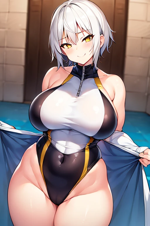 1girl, large breasts, breasts, wide hips, thick thighs, white hair, silver hair, tomboy very short hair, yellow eyes, one-piece swimsuit, black one-piece swimsuit, competition swimsuit, smug, smirk, smile