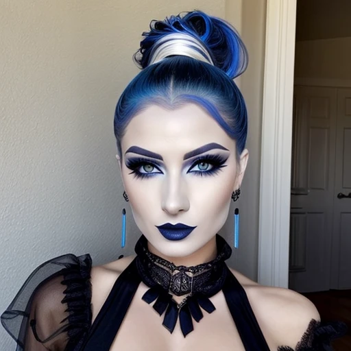 Sexy goth,blue lipstick,white foundation, black eyeshadow, ponytail