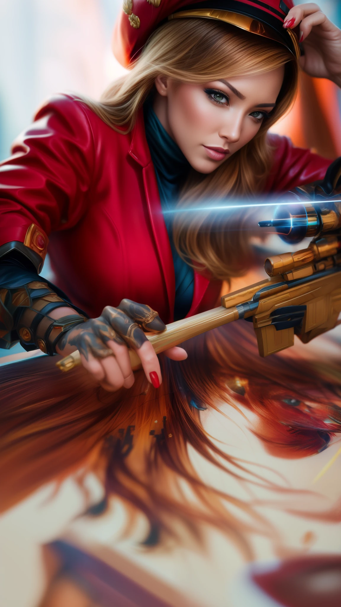 a close up of a woman in a red coat holding a awm sniper, miss fortune league of legends, miss fortune, extremely detailed artgerm, artgerm detailed, cushart krenz key art feminine, style artgerm, range murata and artgerm, artgerm. high detail, ig model | artgerm, ! dream artgerm