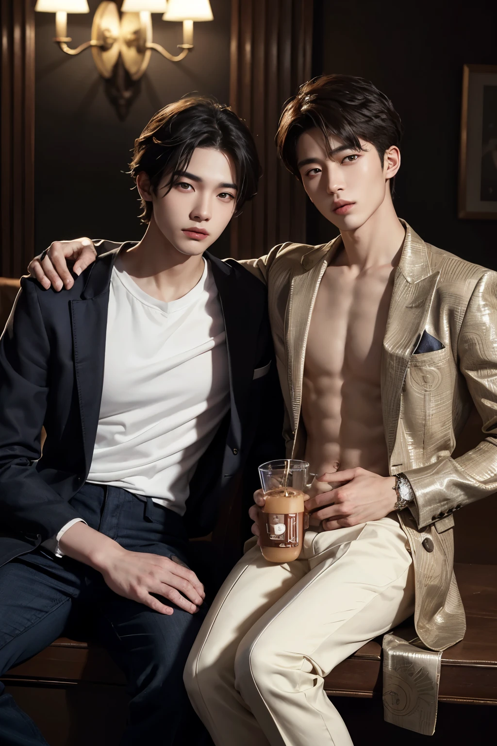 Two dashing Korean male models, both 22 years old, are captured in a full-body shot with their cute, expressive faces close together, benefiting from a hyperrealistic art style that highlights their fine, bright skin. One model playfully splashes a chocolate milk droplet on the other's face, leaving a charming mess. The scene unfolds in a 4K, high-detailed environment with an aspect ratio of 2:3. The men are standing in casual attire, and one of them shows off an intricate tattoo on his thigh, adding to the allure of their captivating presence.