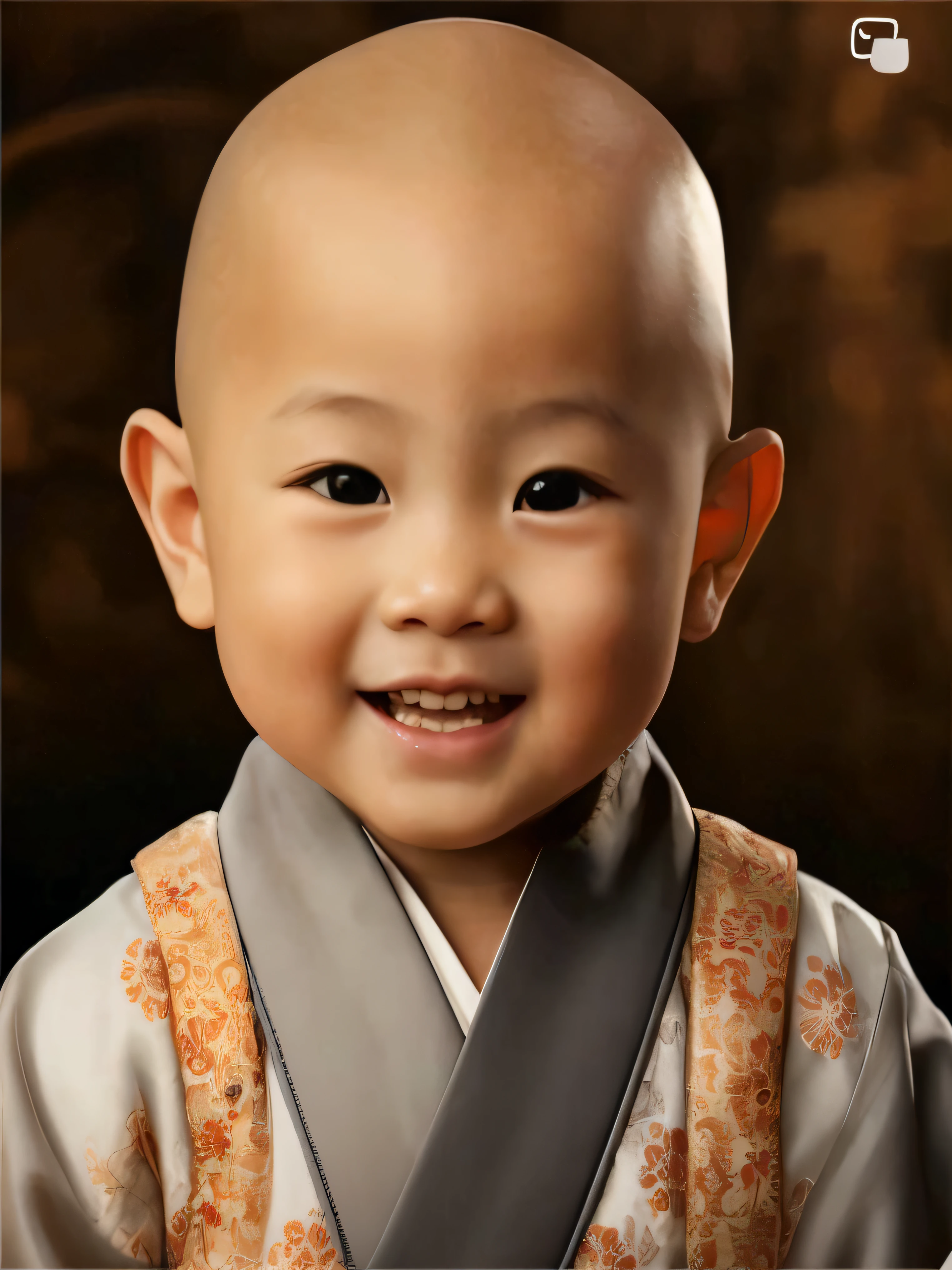 Close-up of bald and smiling , 可爱的digital painting, high quality portraits, cute portrait, yanjun cheng, chiltailed face of an Asian boy, cute boy, portrait of monk, strict, Buddhists, portrait shooting, Young cute asian face, Inspired by Wu Bin, Japanese ancient monk, digital painting,Hands together,sitting,