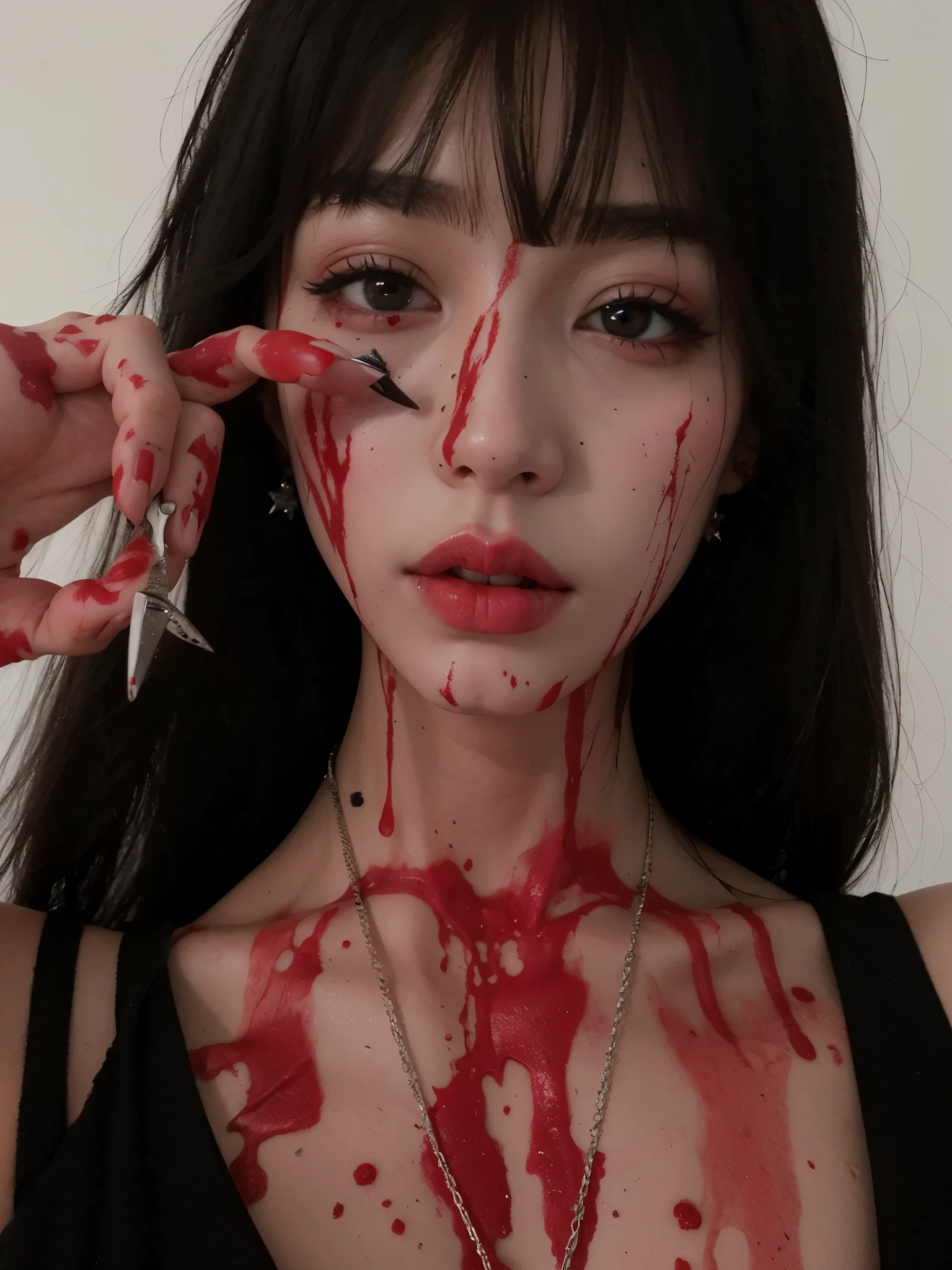 araffe woman with blood on her face and hands holding scissors, cruel korean goth girl, sangrento face, aesthetics of horror, sangrento, sangue nas roupas e no rosto, rosto limpo e sangrento brutal, creepy aesthetic, brutal sangrento sluty make up, brutal sangrento and sluty make up, pale woman covered with blood, Ulzzang, salpicado de sangue, sangrento eyes