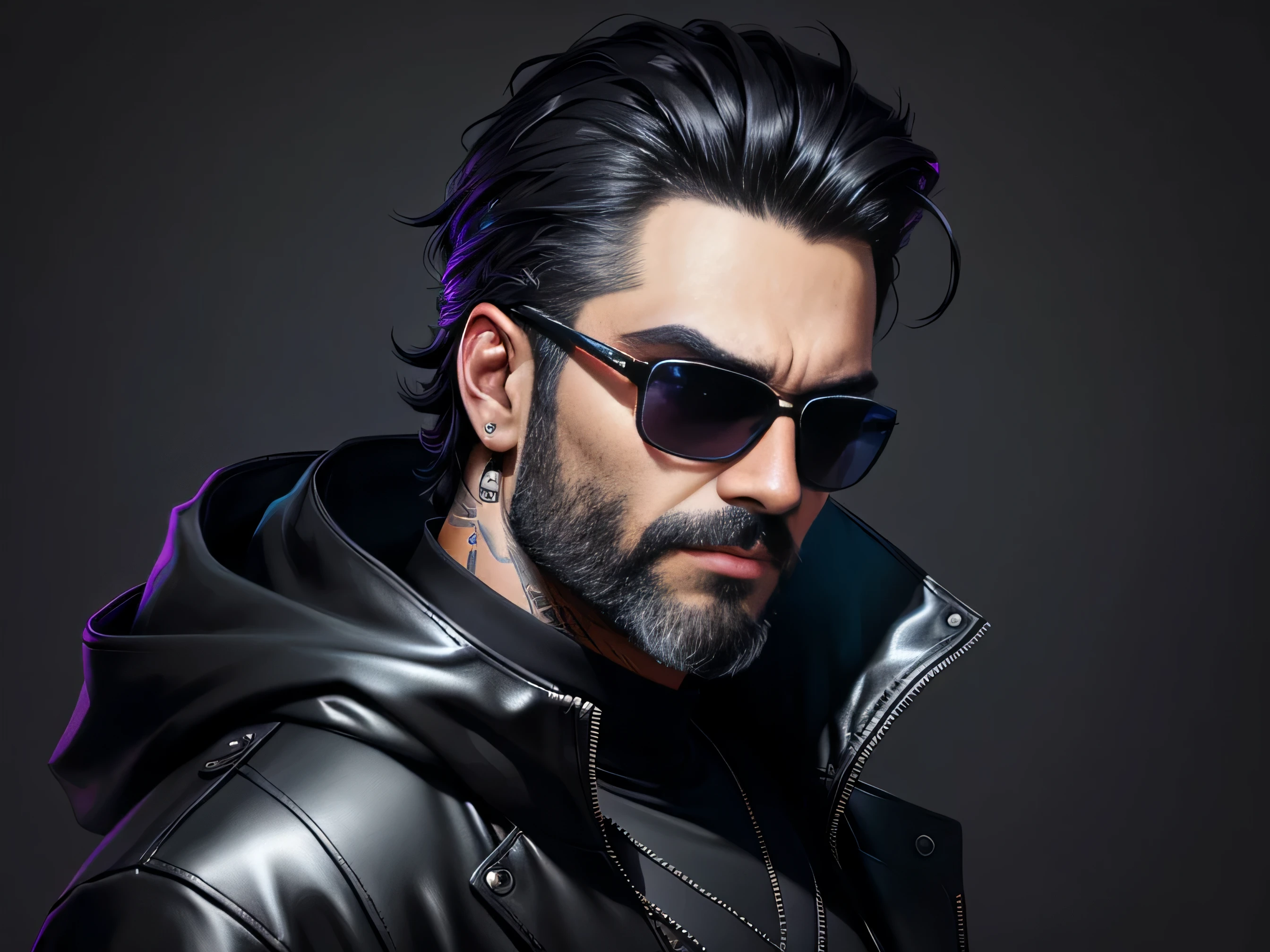 A stunning trendy themed gradient cyberpunk portrait of a man wearing sunglasses, short dark hair, grey beard, particularly rich in color detail, very detailed, cool tones, no watermark signature, transcendent stylized twitch streamers filling the entire picture, (dark plain black background:1.4))