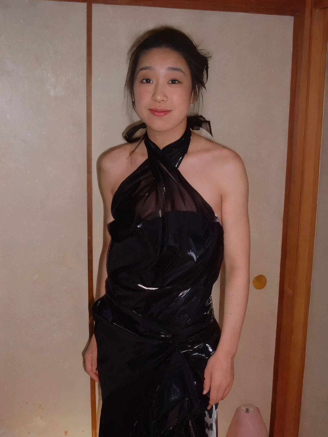 A four year old wearing a black dress standing in a room, wearing a plastic garbage bag, Attach a semi-transparent sheet, Atsuko Kudo wearing latex costume, open dress, covered with transparent cloth, wrapped in black, draped in transparent cloth, dressed in plastic bags, japanese woman, Garbage bags on the head, emaciated black evening dress