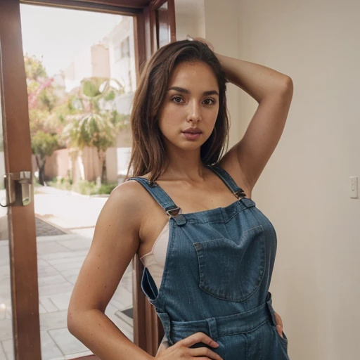 Mujere con un naked overall, desnuda con un overall puesto , se le ven los pezones, de lado, overall puesto, cara tierna