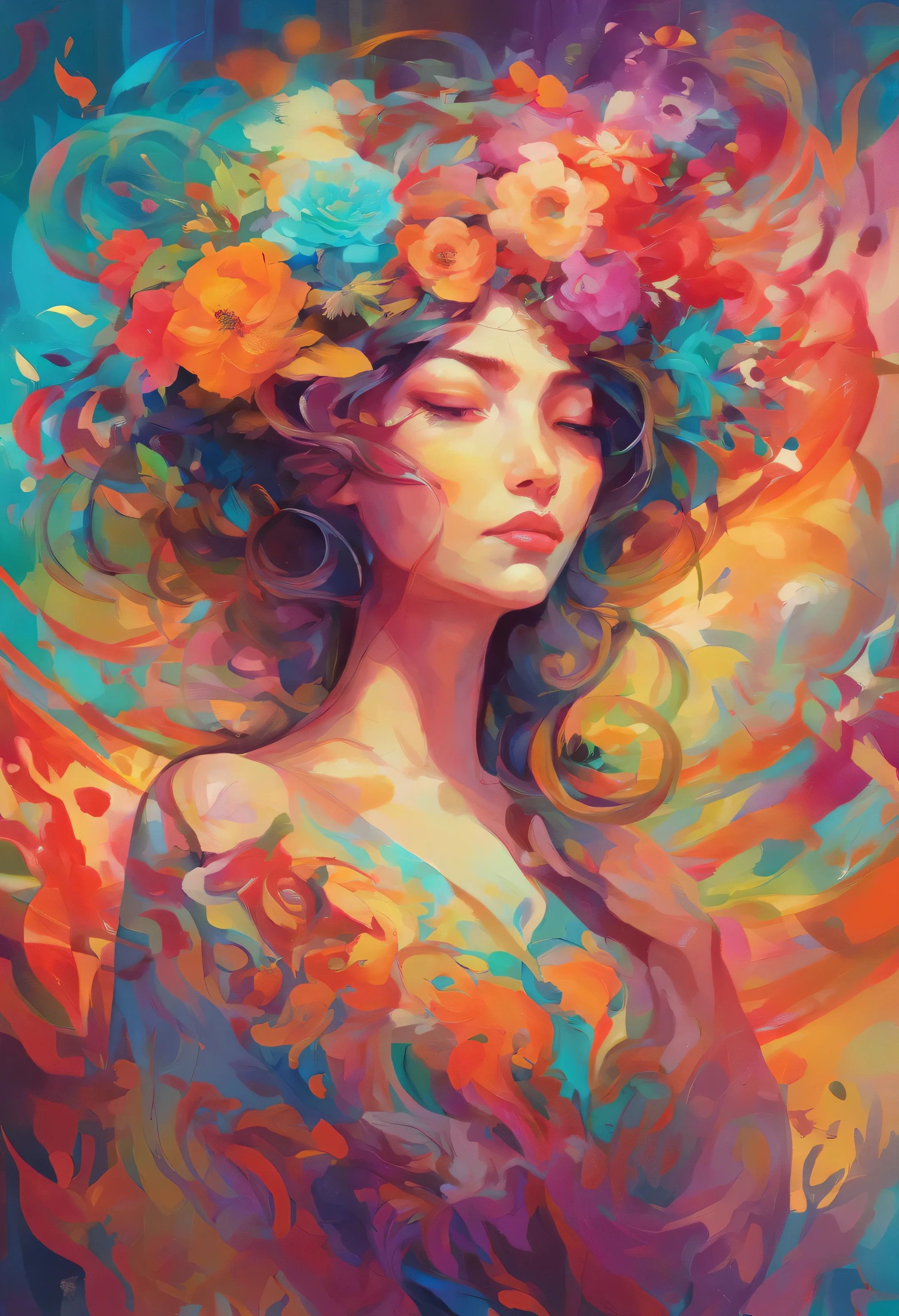 a painting of a woman with flowers in her hair, Kunstwerk im Stil von Guweiz, helle psychedelische Farben, auf 9 9 Designs vorgestellt, Sie ist das Zentrum des Gartens, feminine facial features, Verbundenheit, detailliertes Kleid und Gesicht, inmitten der Natur