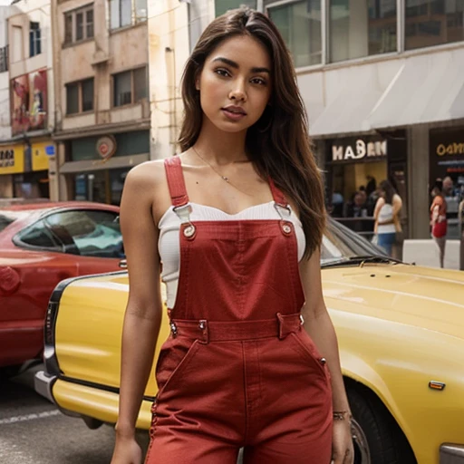 Modelo latina de Instagram, between 25 to 30 years, buen cuerpo, with a red overalls, foto realista tomada con un iphone, foto de cuerpo entero