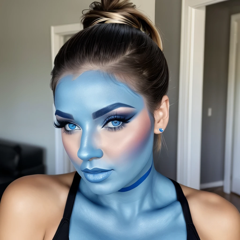 Sexy woman,blue face makeup, ponytail