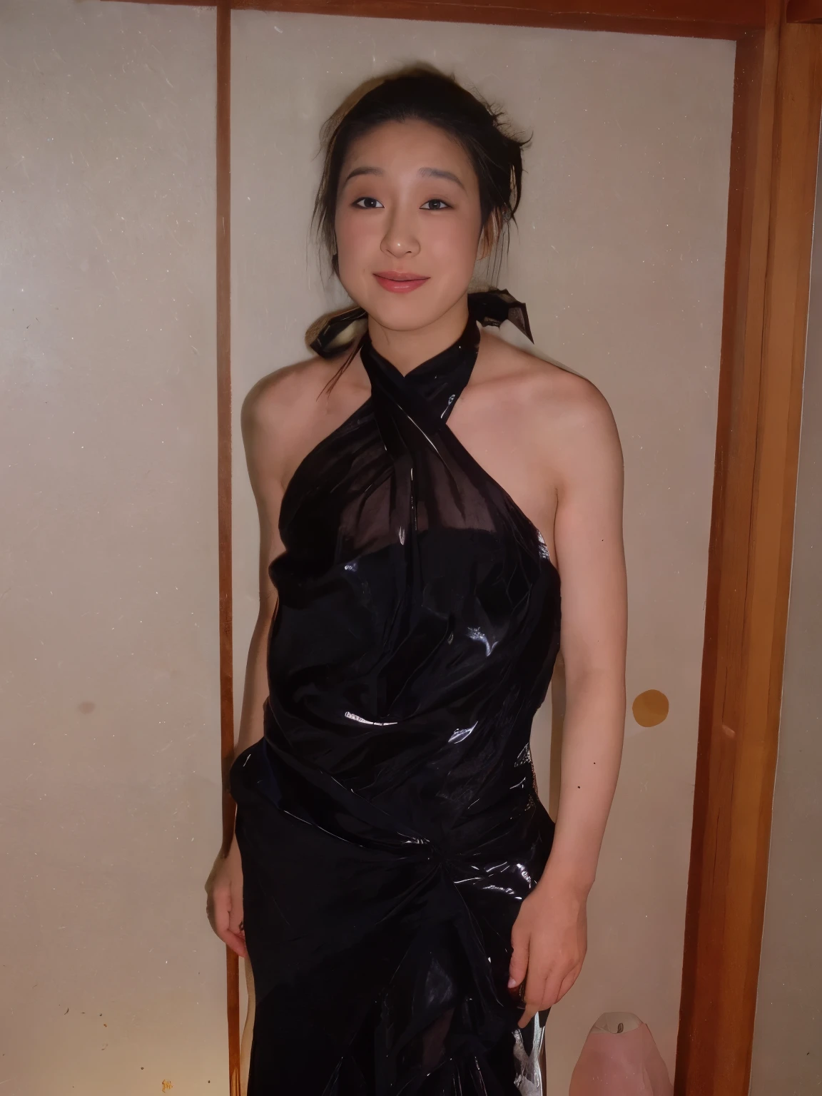 A four year old wearing a black dress standing in a room, wearing a plastic garbage bag, Attach a semi-transparent sheet, Atsuko Kudo wearing latex costume, open dress, covered with transparent cloth, wrapped in black, draped in transparent cloth, dressed in plastic bags, japanese woman, Garbage bags on the head, emaciated black evening dress