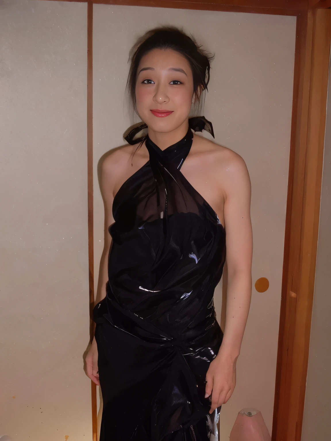 A wearing a black dress standing in a room, wearing a plastic garbage bag, Attach a semi-transparent sheet, Atsuko Kudo wearing latex costume, open dress, covered with transparent cloth, wrapped in black, draped in transparent cloth, dressed in plastic bags, japanese woman, Garbage bags on the head, emaciated black evening dress