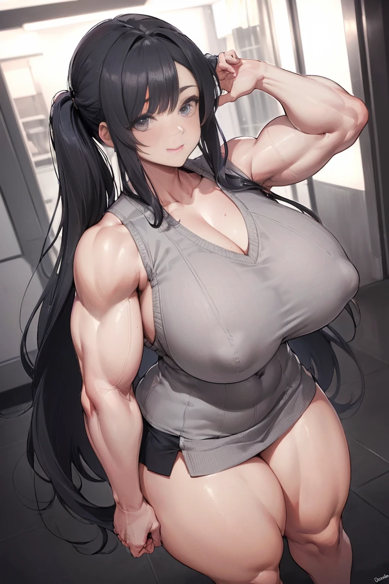 (Best quality,8K,ultra high res:1.5),(Pretty long tied pigtail hair anime girl),(Huge breasts:1.20),(very voluptuous body),(very voluptuous thigh),(body builder girl:1.5),(wide muscle:1.8),(light smile),(eyes to camera),(light black hair),(grey v-neck sleeveless sweater),(grey short skirt),(standing view)