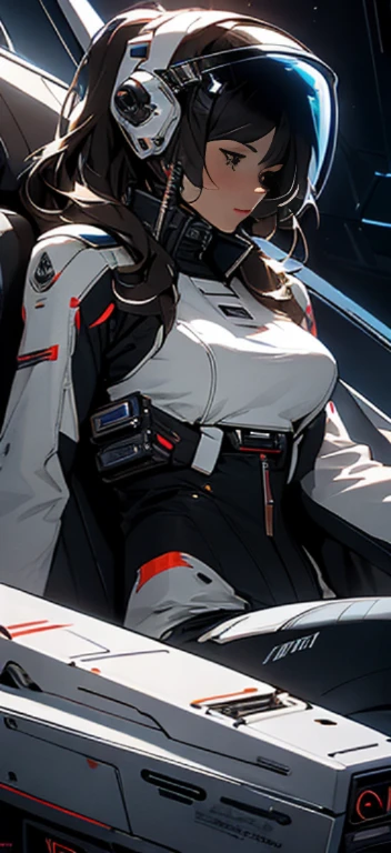 Adult female space fighter pilot in cockpit of ship in mega detail suit, Sit with a stick、Recombined with detailed hyper control panel with dial, Buttons and levers, Cyberpunk visor, High-tech graphics throughout the costume, better quality, masterpiece, sexy pose, perfect body