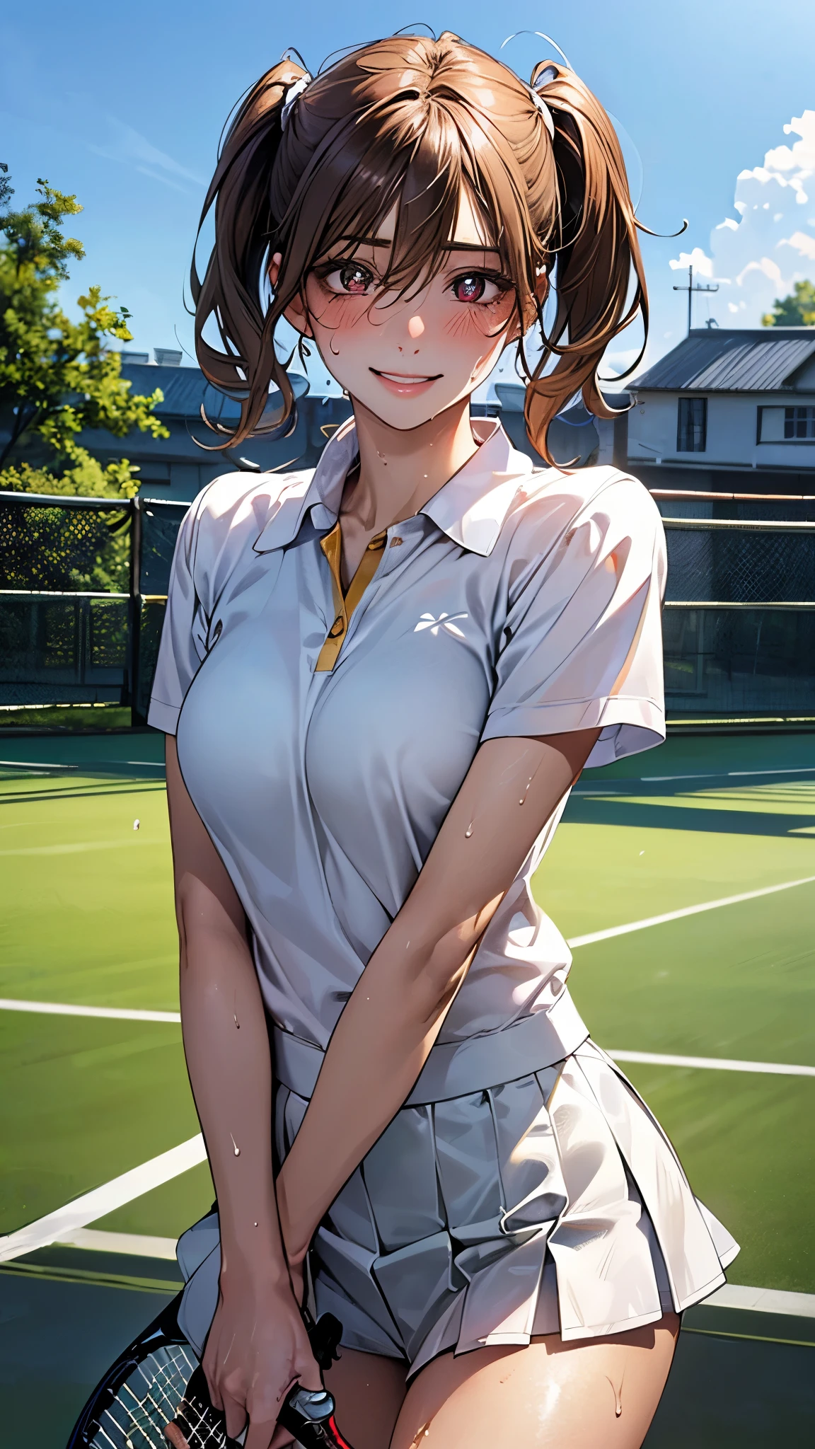 (masterpiece:1.2, top-quality), (realistic, photorealistic:1.4), beautiful illustration, (natural side lighting, movie lighting), 
looking at viewer, cowboy shot, front view, 1 girl, japanese, high school girl, perfect face, cute and symmetrical face, (shiny skin, sweaty:1.4), babyface, 
(short hair:1.2, twintails:1.5, light brown hair), hair between eyes, gold eyes, (middle breasts, seductive thighs, big ass), 
beautiful hair, beautiful face, beautiful detailed eyes, beautiful clavicle, beautiful body, beautiful chest, beautiful thigh, beautiful legs, beautiful fingers, 
((white polo shirt, white sneakers, tennis wear, navy miniskirt), 
(beautiful scenery), evening, outdoor, sky, realistic pupils, (lovely smile, upper eyes), 