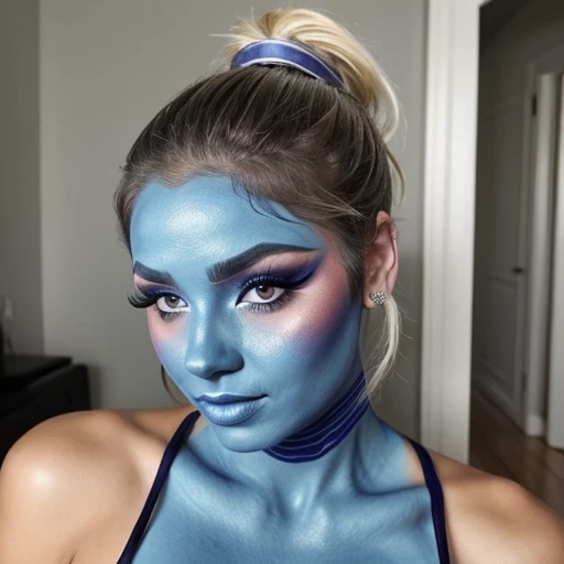 Sexy woman,blue face makeup, ponytail 