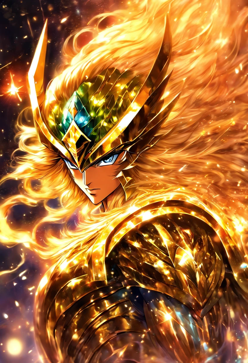Saint Seiya, chevalier d'or, Armure d'or, zodiac, galaxieScorpions, cheveux bleus, Centrage parfait, Porter armure d'orée, La position debout, Beauté abstraite, centré, En regardant la caméra, Face à la caméra, proche de la perfection, dynamique, très détaillé, lisse, Netteté, 8K, résolution haute définition, illustration, illustrations de Carne Griffiths et Wadim Kashin, fond blanc