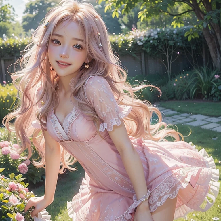 girl, a blond, , Ethereal lighting,Soft pastel tones,Atmosphere of bliss,Flower Garden,Daytime,summer feel,Joyful expression,Cheerful smile,sparkling stars,Sparkling eyes,((Long pink wavy hair)),(((Flowing dress with lots of frills and lace))), delicate and beatifull, skinny legs, innocent face, nsfw, show cute panties,