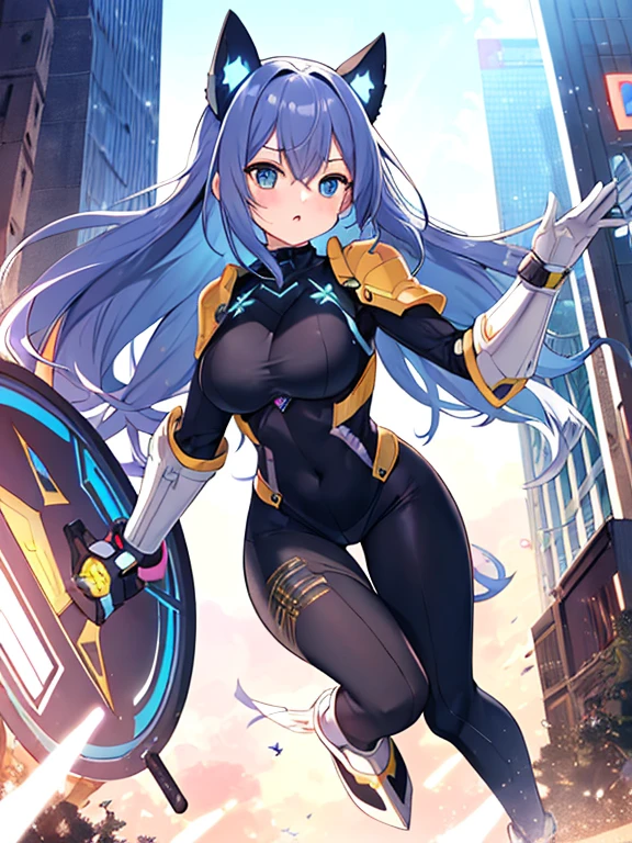 extreme detail,masterpiece,future city,with a girl (Energy Shield):1.3,Tight Fit Bodysuit,protect yourself from danger,use a shield in battle,Futuristic buildings,flying car,the shield becomes brighter,repel the invaders