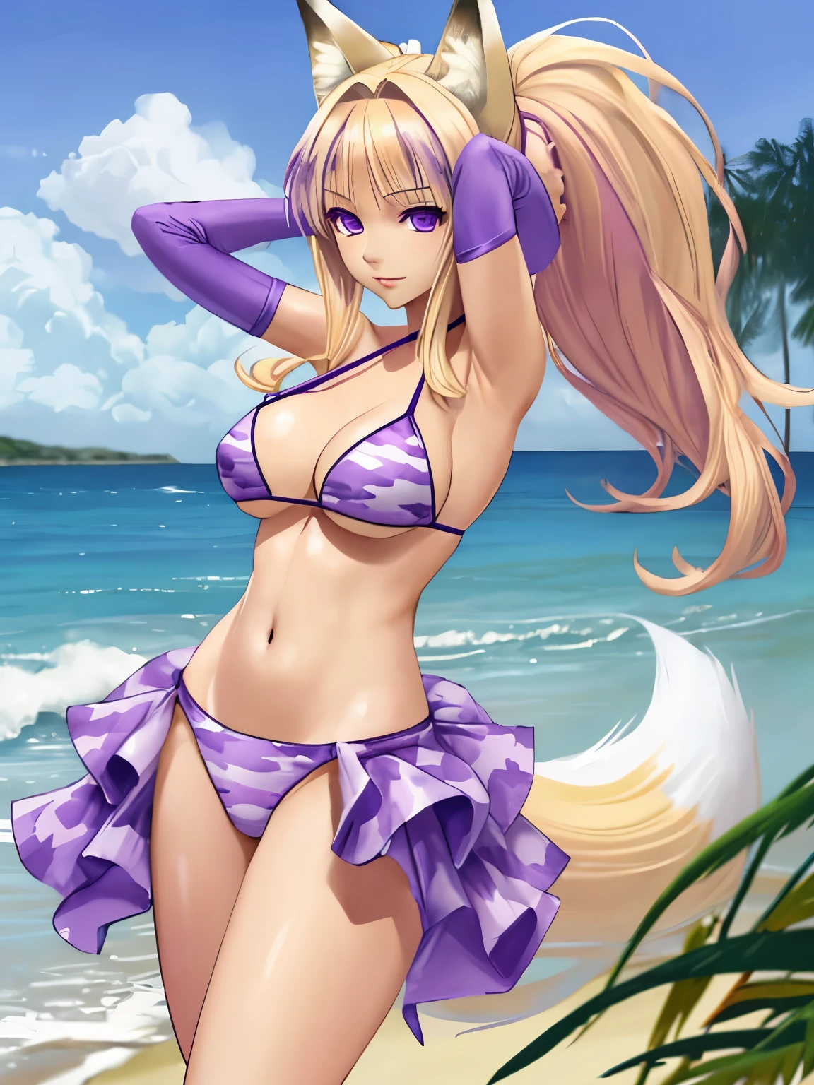 (hyperrealistic), a fox girl with a white fox tail, Sarah Fox, blonde with ponytail, detailed purple eyes, happy, arms behind head, purple camouflage bikini, trained body, medium breasts, standing at the beach