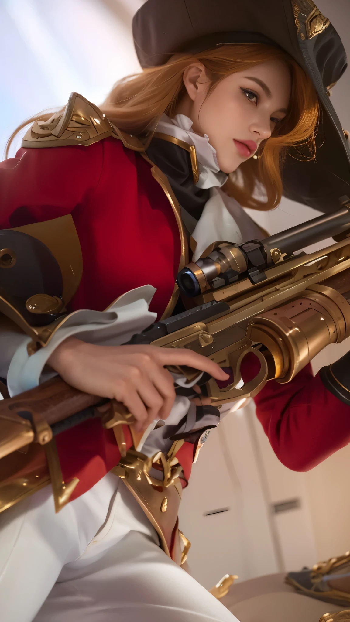 a close up of a woman in a red coat holding a rifle, miss fortune league of legends, miss fortune, extremely detailed artgerm, artgerm detailed, cushart krenz key art feminine, style artgerm, range murata and artgerm, artgerm. high detail, ig model | artgerm, ! dream artgerm