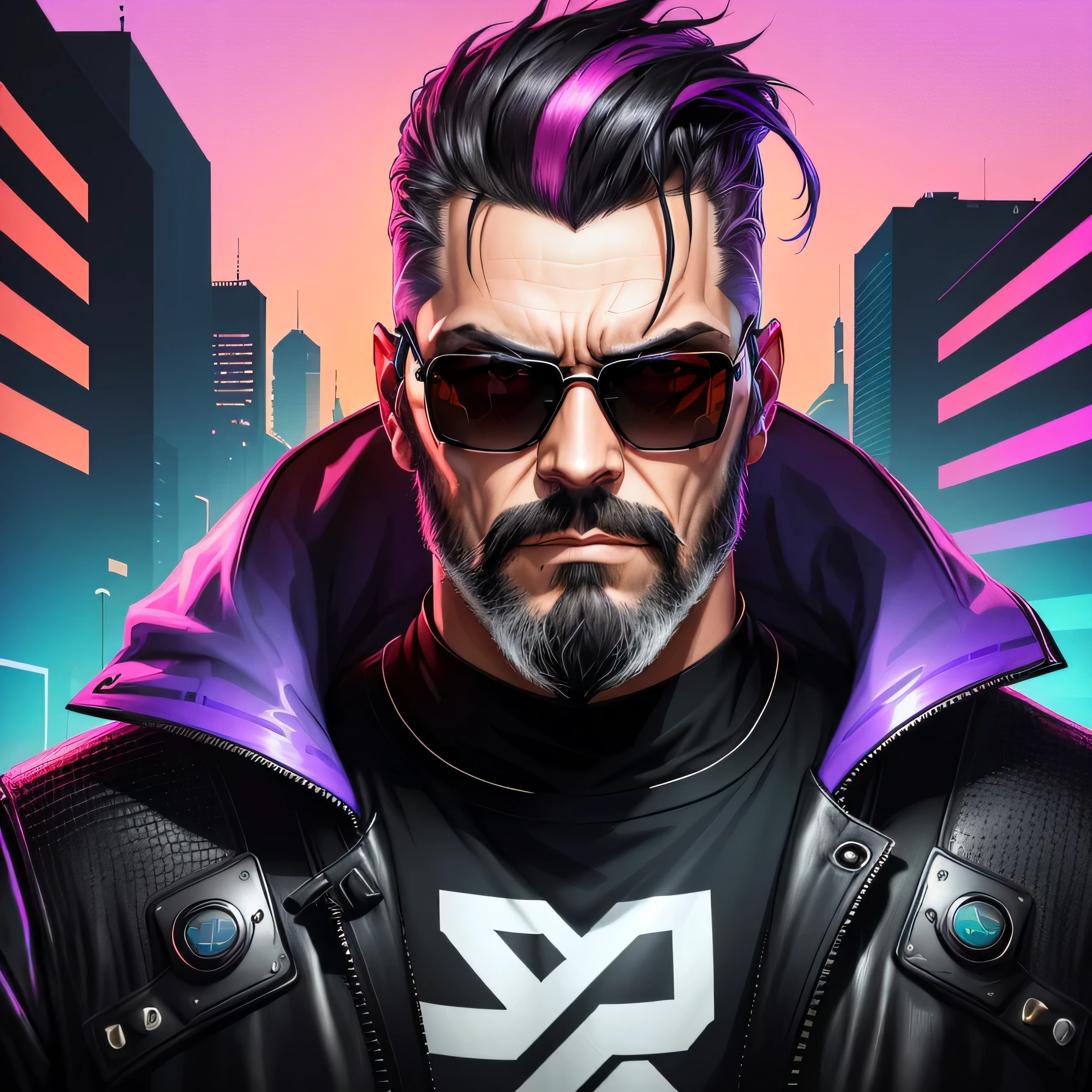 a man with dark hair and a grey beard wearing rayban sunglasses, cyberpunk art, funk art, stunning gradient colors, stylized portrait h 704, pompadour, twitch streamer, cold colors. insanely detailed, t-800, no watermark signature, in rich color, outrun