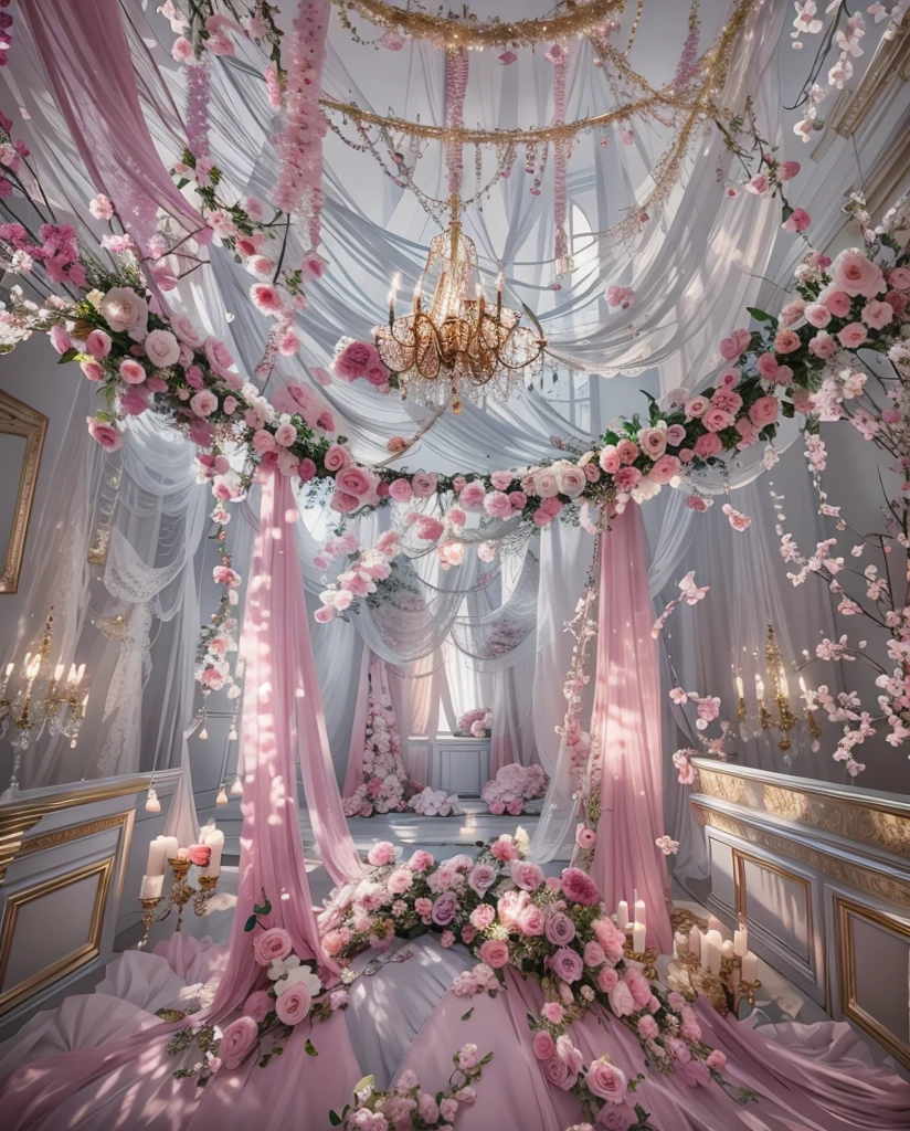 there is a room, pink and white flowers, great atmosphere and drama, Soft and fantastic lighting, dramatic fantasy light, so magical and dreamy, great atmosphere, beautiful dream light, Ethereal dreamy theme, mark adams, magical colors and atmosphere, fantasy gorgeous lights, soft light, with dreamy care, best quality