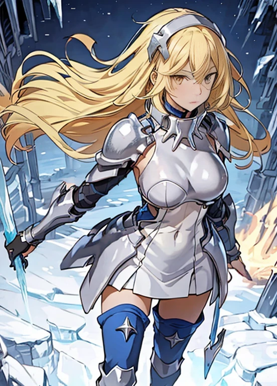 ice, 1 girl, alone, blonde hair, armor, long hair, straight hair, Thighhighs, boots, dress, yellow eyes, thigh boots, blue long boots, blue footwear, covered navel, breastplate, shoulder armor, gloves, white dress outdoor, Sunny, Are standing