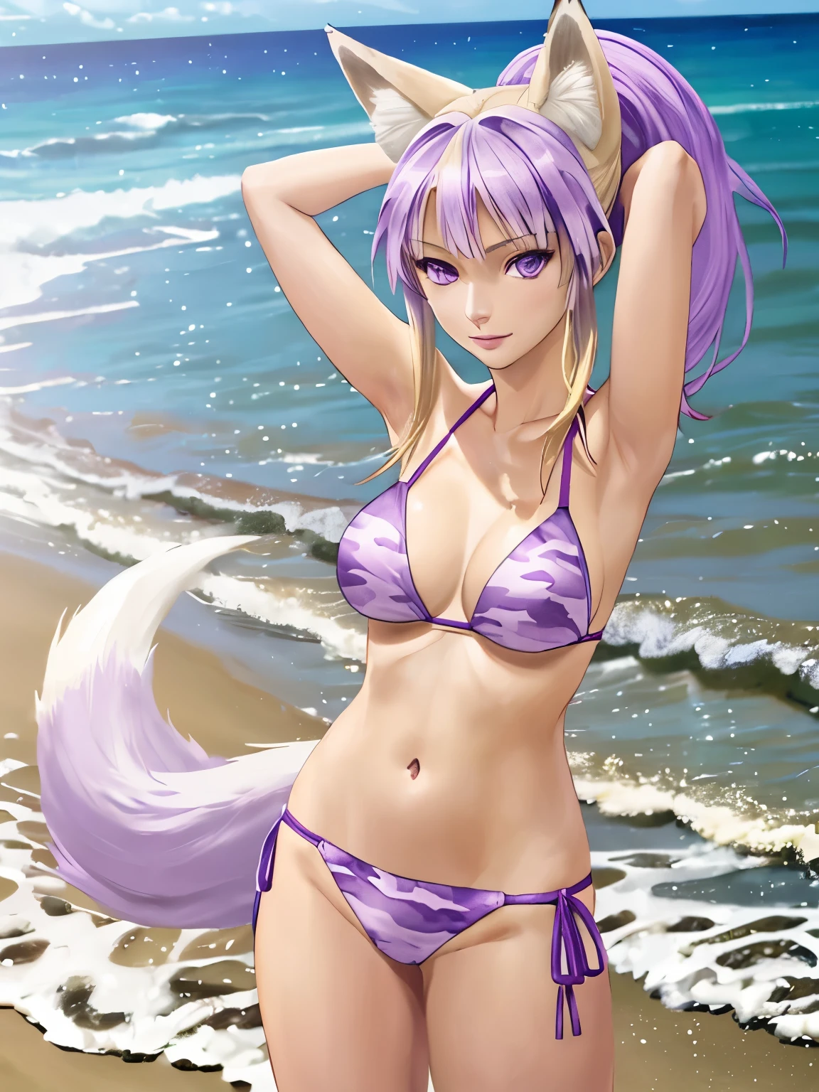 (hyperrealistic), a fox girl with a white fox tail, Sarah Fox, blonde with ponytail, detailed purple eyes, happy, arms behind head, purple camouflage bikini, trained body, medium breasts, standing at the beach