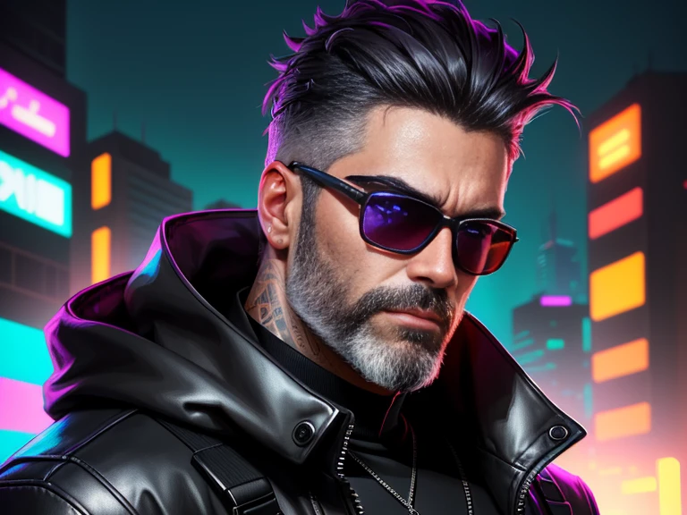 A stunning trendy themed gradient cyberpunk portrait of a man wearing sunglasses, short dark hair, grey beard, particularly rich in color detail, very detailed, cool tones, no watermark signature, transcendent stylized twitch streamers filling the entire picture.