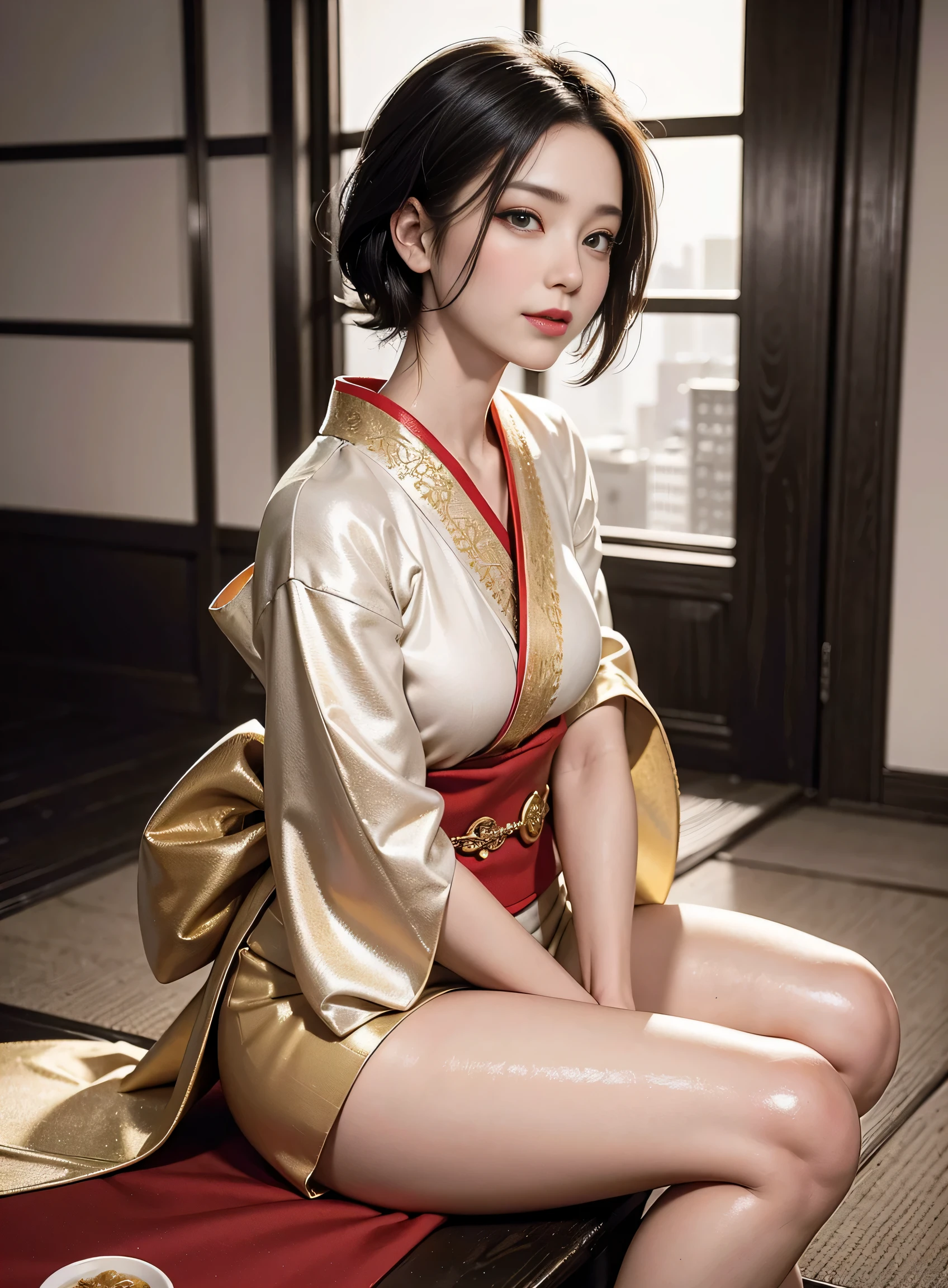 sfw, girl, black hair, wavy short hair, bright red lips, shiny lips, shiny skin, shiny eyes, closed mouth, (half closed eye), inviting smile, (stylish and captivating white kimono with gold embroidery:1.2), seiza, (traditional round table), place a tray on one's thighs, (traditional yunomi on table, green tea, steam from the traditional yunomi), hanging scroll, shoji, (traditional and formal Japanese house), (sophisticated city skyscrapers glittering outside the window:1.3), (close up face:1.2), dynamic angle, from side, depth of field, (monochrome:1.4), (flat color:1.3), (emphasize only red and gold:1.3), correct body structure, 8k, RAW photo, (high detailed skin:1.2), 8k UHD, DSLR, soft lighting, high quality, film grain, Fujifilm XT3, RAW candid cinema, 16mm, color graded portra 400 film, remarkable color, ultra realistic, textured skin, remarkable detailed pupils, realistic dull skin noise, visible skin detail, skin fuzz, dry skin, shot with cinematic camera, ((Full-Body Shot)), detailed skin texture, (blush:0.5), subsurface scattering, wearing bra,((skinny waist)), young asian girl, ((big )),