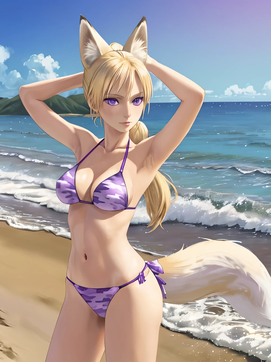 (hyperrealistic), a fox girl with a white fox tail, Sarah Fox, blonde with ponytail, detailed purple eyes, happy, arms behind head, purple camouflage bikini, trained body, medium breasts, standing at the beach