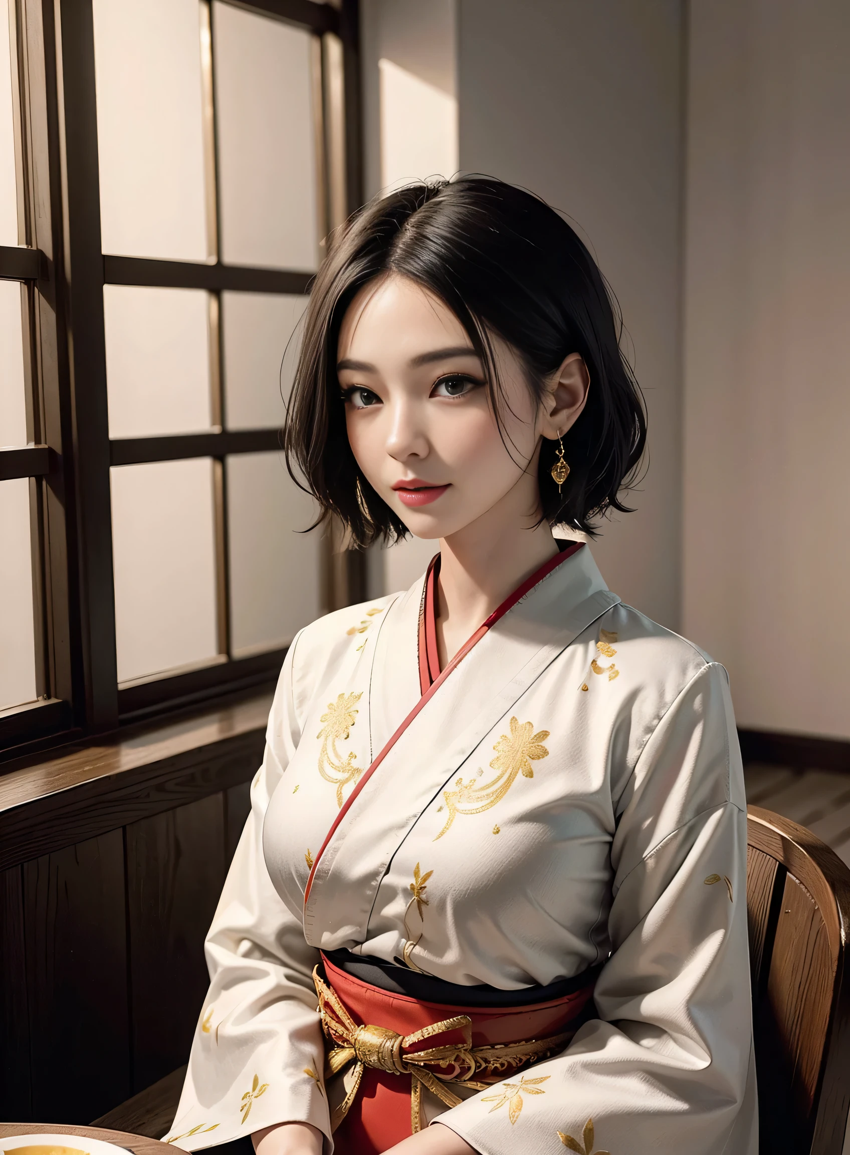 sfw, girl, black hair, wavy short hair, bright red lips, shiny lips, shiny skin, shiny eyes, closed mouth, (half closed eye), inviting smile, (stylish and captivating white kimono with gold embroidery:1.2), seiza, (traditional round table), place a tray on one's thighs, (traditional yunomi on table, green tea, steam from the traditional yunomi), hanging scroll, shoji, (traditional and formal Japanese house), (sophisticated city skyscrapers glittering outside the window:1.3), (close up face:1.2), dynamic angle, from side, depth of field, (monochrome:1.4), (flat color:1.3), (emphasize only red and gold:1.3), correct body structure, 8k, RAW photo, (high detailed skin:1.2), 8k UHD, DSLR, soft lighting, high quality, film grain, Fujifilm XT3, RAW candid cinema, 16mm, color graded portra 400 film, remarkable color, ultra realistic, textured skin, remarkable detailed pupils, realistic dull skin noise, visible skin detail, skin fuzz, dry skin, shot with cinematic camera, ((Full-Body Shot)), detailed skin texture, (blush:0.5), subsurface scattering, wearing bra,((skinny waist)), young asian girl, ((big )),